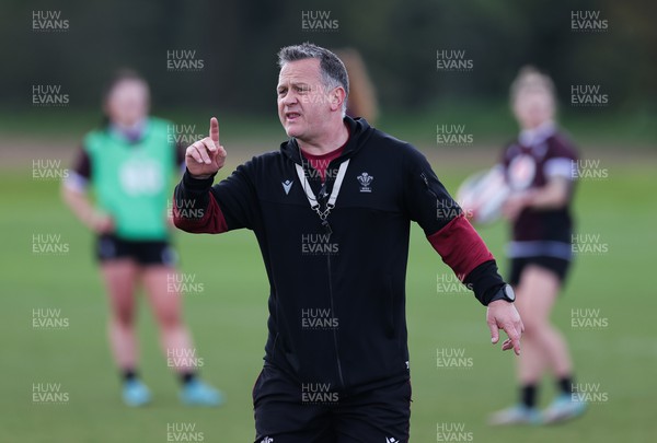 230424 - Wales Women Rugby Training - Shaun Connor, Wales Women attack coach, during training ahead of Wales’ Guinness Women’s 6 Nations match against Italy