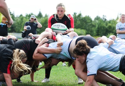 230822 - Wales Women Rugby Training Session - Wales’ Kelsey Jones acts as scrum half as Wales and Canada train against each other ahead of their match this weekend