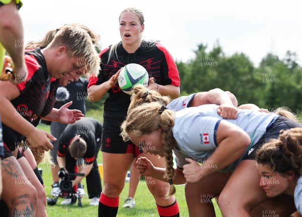 230822 - Wales Women Rugby Training Session - Wales’ Kelsey Jones acts as scrum half as Wales and Canada train against each other ahead of their match this weekend