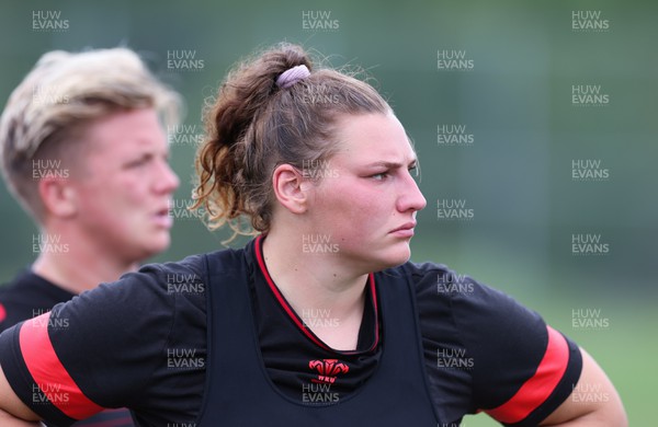 230822 - Wales Women Rugby Training Session - Wales’ Donna Rose and Gwenllian Pyrs during a training session against Canada ahead of their match this weekend
