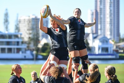 240725 - Wales Women Rugby Training at The Southport School, Southport - Kate Williams and Gwen Crabb during a Wales Womens Rugby training session ahead of their first tour match against Australia