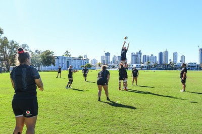 240725 - Wales Women Rugby Training at The Southport School, Southport - A general view of the Wales Womens Rugby training session at The Southport School ahead of their first tour match against Australia