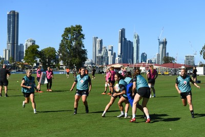 240725 - Wales Women Rugby Training at The Southport School, Southport - A general view of the Wales Womens Rugby training session at The Southport School ahead of their first tour match against Australia