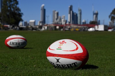 240725 - Wales Women Rugby Training at The Southport School, Southport - A WRU branded rugby ball at  the Wales Womens Rugby training session at The Southport School ahead of their first tour match against Australia