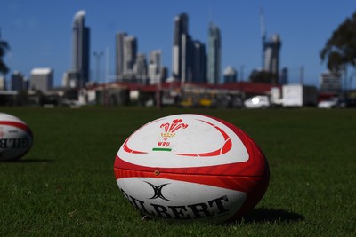 240725 - Wales Women Rugby Training at The Southport School, Southport - A WRU branded rugby ball at  the Wales Womens Rugby training session at The Southport School ahead of their first tour match against Australia
