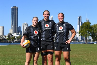 240725 - Wales Women Rugby Training at The Southport School, Southport - Left to right, Seren Lockwood, Tilly Vucaj and Katherine Baverstock during the Wales Womens Rugby training session at The Southport School ahead of their first tour match against Australia