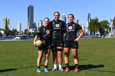 240725 - Wales Women Rugby Training at The Southport School, Southport - Left to right, Seren Lockwood, Tilly Vucaj and Katherine Baverstock during the Wales Womens Rugby training session at The Southport School ahead of their first tour match against Australia