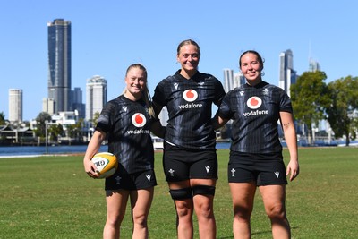 240725 - Wales Women Rugby Training at The Southport School, Southport - Left to right, Seren Lockwood, Tilly Vucaj and Katherine Baverstock during the Wales Womens Rugby training session at The Southport School ahead of their first tour match against Australia