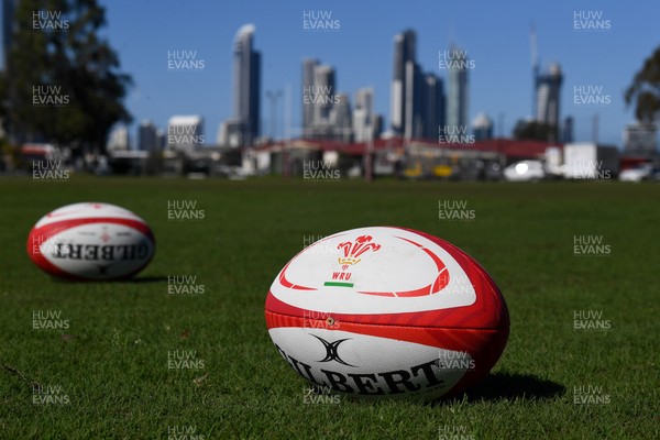 240725 - Wales Women Rugby Training at The Southport School, Southport - A WRU branded rugby ball at  the Wales Womens Rugby training session at The Southport School ahead of their first tour match against Australia