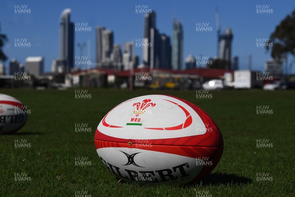 240725 - Wales Women Rugby Training at The Southport School, Southport - A WRU branded rugby ball at  the Wales Womens Rugby training session at The Southport School ahead of their first tour match against Australia