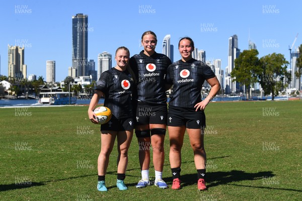 240725 - Wales Women Rugby Training at The Southport School, Southport - Left to right, Seren Lockwood, Tilly Vucaj and Katherine Baverstock during the Wales Womens Rugby training session at The Southport School ahead of their first tour match against Australia