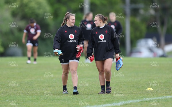 241023 - Wales Women Rugby Training Session - Carys Phillips and Lleucu George during a training session ahead of their WXV1 match against New Zealand in Dunedin