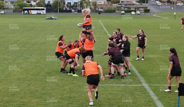 241023 - Wales Women Rugby Training Session - Alex Callender takes the line out during  a  training session ahead of their WXV1 match against New Zealand in Dunedin