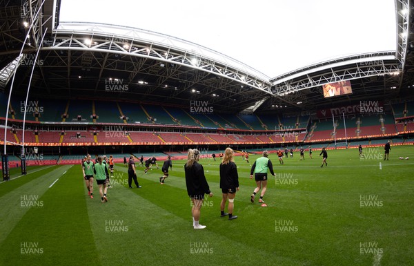 230424 - Wales Women Rugby Training Session - The Wales Women squad during a training session at the Principality Stadium ahead of Wales’ Guinness Women’s 6 Nations match against Italy