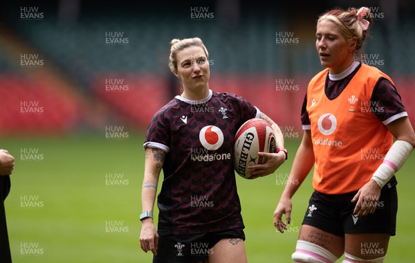 230424 - Wales Women Rugby Training Session - Keira Bevan and Georgia Evans during a training session at the Principality Stadium ahead of Wales’ Guinness Women’s 6 Nations match against Italy