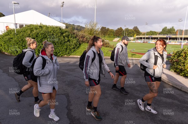 250923 - Wales Women Training Camp, North Wales - Kerin Lake, Keira Bevan Robyn Wilkins, Tom Sheppard and Georgia Evans arrive at Stadium CSM for a training session during their squad camp ahead of the match against USA