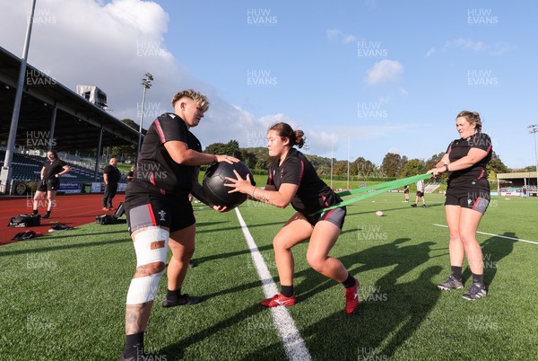 250923 - Wales Women Training Camp, North Wales - Donna Rose, Cana Williams and Cerys Hale during a units training session at Stadium CSM in north Wales