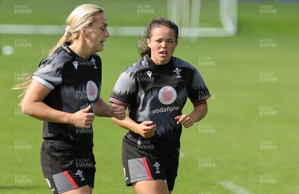280823 - Wales Women Training Session - Hannah Jones, left and Megan Davies during training session