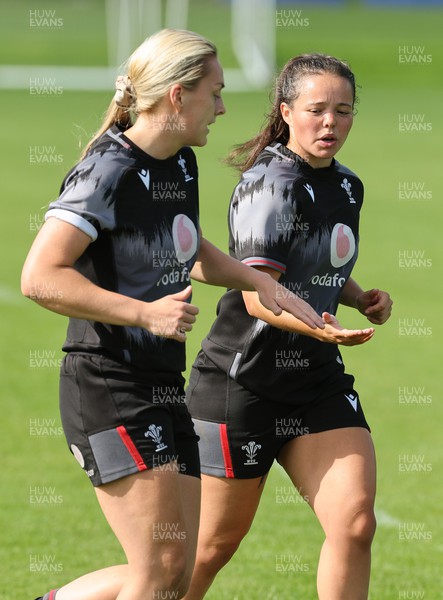 280823 - Wales Women Training Session - Hannah Jones, left and Megan Davies during training session