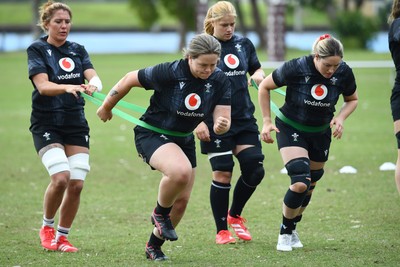 290725 - Wales Women Rugby Training at The Southport School - Georgia Evans and Maisie Davies alongside Bethan Lewis and Gwen Crabb during a Wales Women’s rugby training session ahead of the second test against Australia