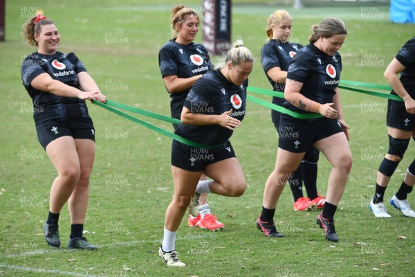 290725 - Wales Women Rugby Training at The Southport School - Gwenllian Pyrs and Kelsey Jones alongside Georgia Evans and Maisie Davies during a Wales Women’s rugby training session ahead of the second test against Australia