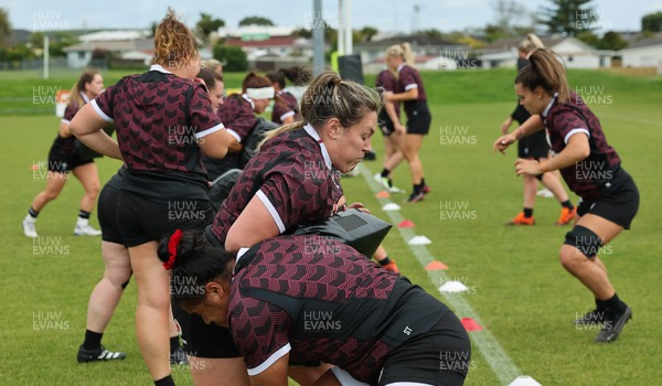 301023 - Wales Women Rugby Training Session - Cerys Hale and Sisilia Tuipulotu during a training session at Pakuranga United RFC ahead of their WXV1 match against Australia