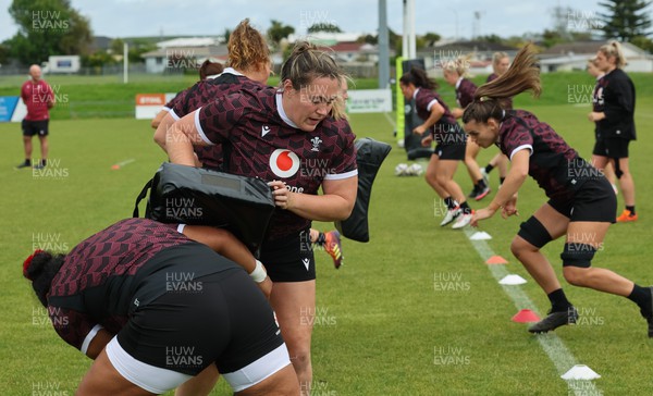 301023 - Wales Women Rugby Training Session - Cerys Hale and Sisilia Tuipulotu during a training session at Pakuranga United RFC ahead of their WXV1 match against Australia