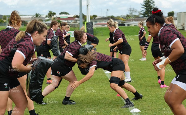 301023 - Wales Women Rugby Training Session - Abbey Constable and Bryonie King during a training session at Pakuranga United RFC ahead of their WXV1 match against Australia