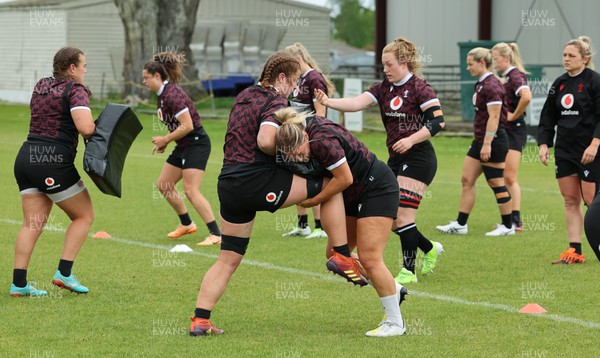 301023 - Wales Women Rugby Training Session - Kate Williams and Kelsey Jones during a training session at Pakuranga United RFC ahead of their WXV1 match against Australia