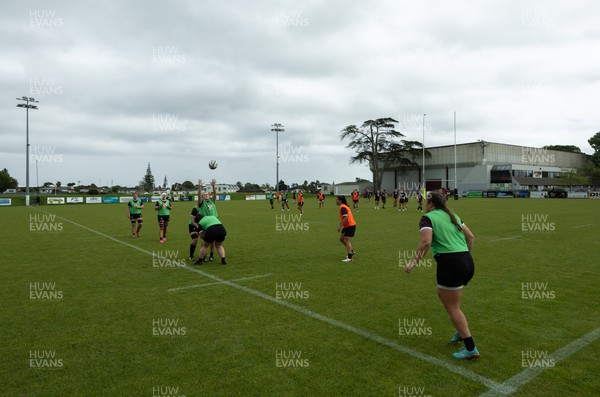 301023 - Wales Women Rugby Training Session - Wales run through line out drills during a training session at Pakuranga United RFC ahead of their WXV1 match against Australia