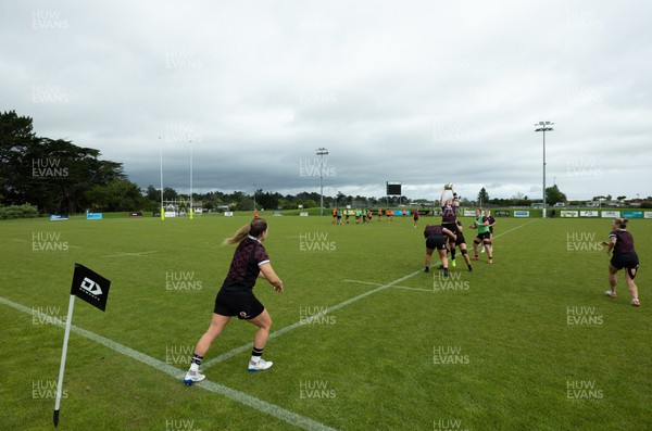 301023 - Wales Women Rugby Training Session - Wales run through line out drills during a training session at Pakuranga United RFC ahead of their WXV1 match against Australia