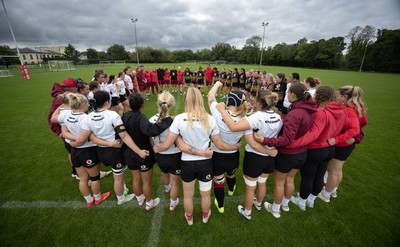 090926 - Wales Women Rugby Training Match - Wales squad members huddle up during a training match ahead of the WRX Series of matches 