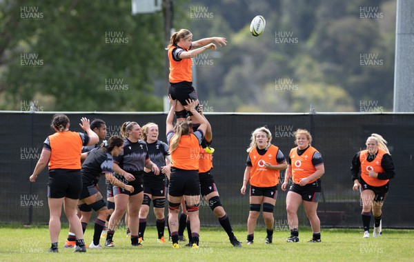 201022 - Wales Women Rugby Training Session - Wales’ Bethan Lewis takes the lineout during training ahead of their Women’s Rugby World Cup match against Australia