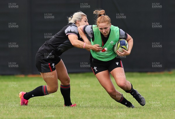 201022 - Wales Women Rugby Training Session - Wales’ Niamh Terry is tackled by Kerin Lake during training ahead of their Women’s Rugby World Cup match against Australia