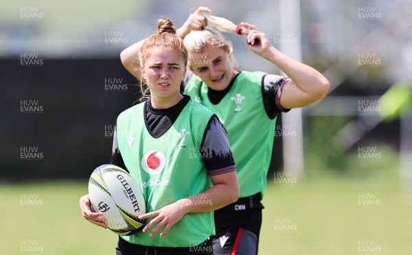 201022 - Wales Women Rugby Training Session - Wales’ Niamh Terry, front and Carys Williams-Morris during training ahead of their Women’s Rugby World Cup match against Australia
