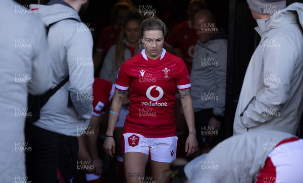 240323 - Wales Woman Rugby - Keira Bevan walks out for a team photograph during Captains Walkthrough and kicking practice ahead of the opening Women’s 6 Nations match against Ireland