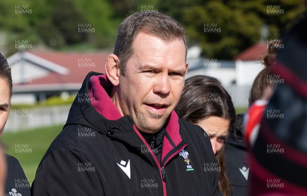 271023 - Wales Women Rugby Team Walkthrough - Head coach Ioan Cunningham during the Wales Women’s rugby squad walkthrough ahead of Wales’ WXV1 match against New Zealand in Dunedin 