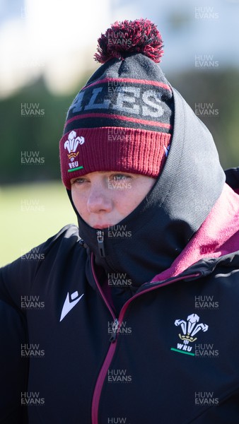 271023 - Wales Women Rugby Team Walkthrough - Carys Phillips wraps up against the cold during the Wales Women’s rugby squad walkthrough ahead of Wales’ WXV1 match against New Zealand in Dunedin 