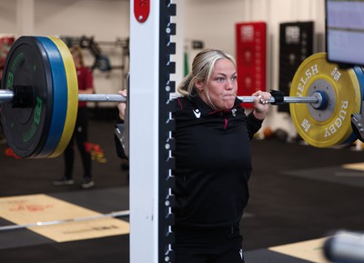 230424 - Wales Women Rugby Weights Session - Kelsey Jones during a weights session ahead of Wales’ Guinness Women’s 6 Nations match against Italy