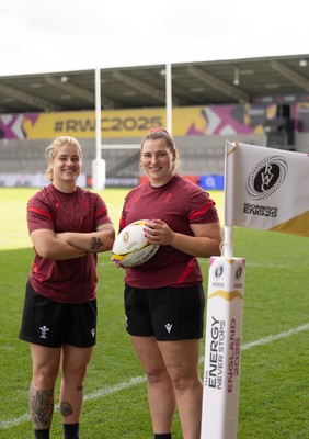 290825 - Wales Women Rugby World Cup Captain’s Run - Bethan Lewis who will win her 60th cap and Gwenllian Pyrs of Wales who will her 50th cap at the match, during Captain’s Run ahead of the Rugby World Cup match against Canada