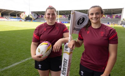 290825 - Wales Women Rugby World Cup Captain’s Run - Gwenllian Pyrs of Wales who will her 50th cap, and Branwen Metcalfe of Wales who will win her first cap at the match, during Captain’s Run ahead of the Rugby World Cup match against Canada