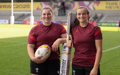 290825 - Wales Women Rugby World Cup Captain’s Run - Gwenllian Pyrs of Wales who will her 50th cap, and Branwen Metcalfe of Wales who will win her first cap at the match, during Captain’s Run ahead of the Rugby World Cup match against Canada