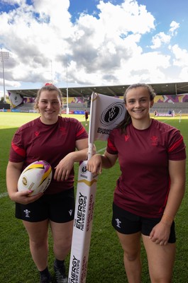 290825 - Wales Women Rugby World Cup Captain’s Run - Gwenllian Pyrs of Wales who will her 50th cap, and Branwen Metcalfe of Wales who will win her first cap at the match, during Captain’s Run ahead of the Rugby World Cup match against Canada