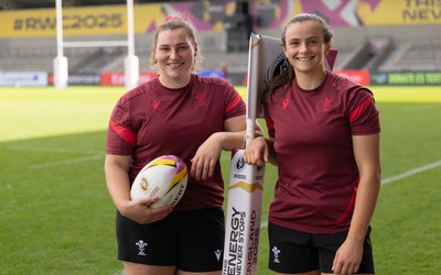 290825 - Wales Women Rugby World Cup Captain’s Run - Gwenllian Pyrs of Wales who will her 50th cap, and Branwen Metcalfe of Wales who will win her first cap at the match, during Captain’s Run ahead of the Rugby World Cup match against Canada