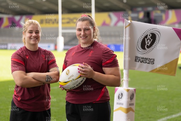 290825 - Wales Women Rugby World Cup Captain’s Run - Bethan Lewis who will win her 60th cap and Gwenllian Pyrs of Wales who will her 50th cap at the match, during Captain’s Run ahead of the Rugby World Cup match against Canada