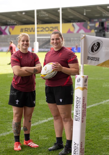 290825 - Wales Women Rugby World Cup Captain’s Run - Bethan Lewis who will win her 60th cap and Gwenllian Pyrs of Wales who will her 50th cap at the match, during Captain’s Run ahead of the Rugby World Cup match against Canada
