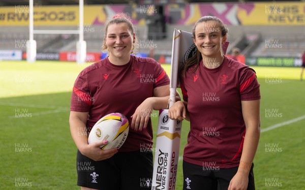 290825 - Wales Women Rugby World Cup Captain’s Run - Gwenllian Pyrs of Wales who will her 50th cap, and Branwen Metcalfe of Wales who will win her first cap at the match, during Captain’s Run ahead of the Rugby World Cup match against Canada