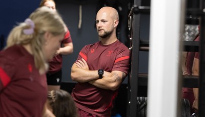 020925 - Wales Women Gym Session -  Gareth Harris, strength and conditioning coach, during a gym training session ahead of their final Women’s Rugby World Cup match against Fiji