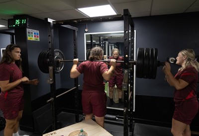 020925 - Wales Women Gym Session - Maisie Davies with Bryonie King and Alex Callender during a gym training session ahead of their final Women’s Rugby World Cup match against Fiji