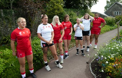 150725 - Wales Women Women’s Rugby World Cup 2025 Kit Launch, National Botanical Gardens of Wales - Wales players Molly Reardon, Georgia Evans, Alex Callender, Kate Williams, Keira Bevan, Maisie Davies and Sisilia Tuipulotu at the launch of the Wales Women’s Rugby World Cup kit at the National Botanical Gardens of Wales
